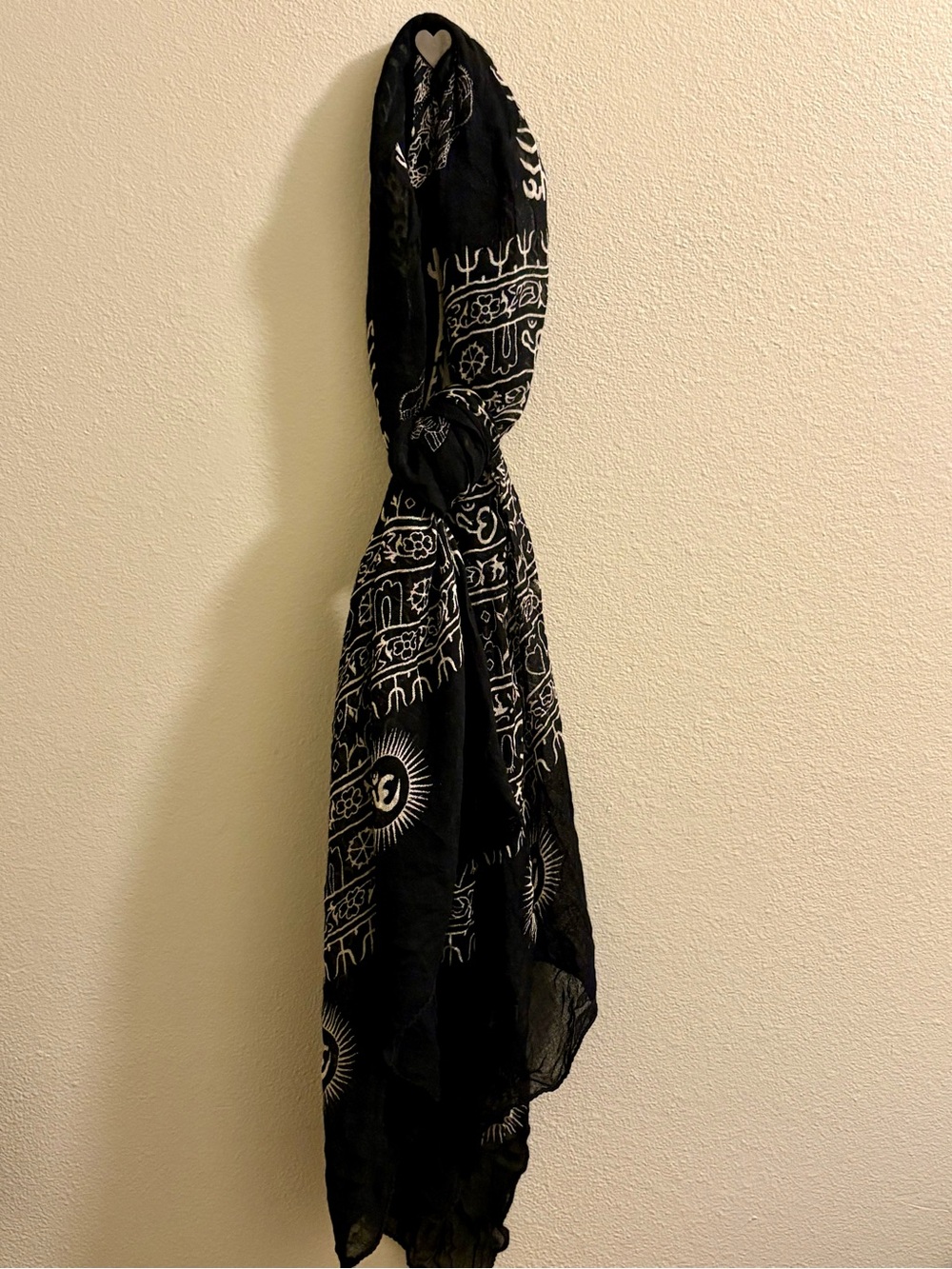 Black Printed Boho Scarf with White Motif - Women Accessories